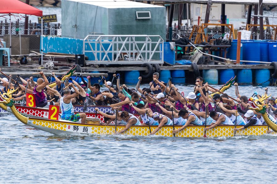 Rowers competing in a dragon boat race in Hong Kong.
